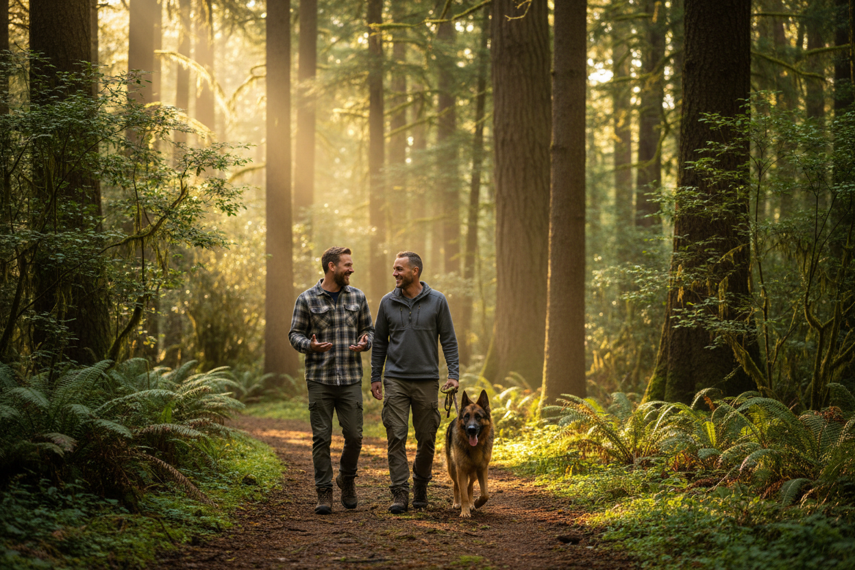 Man walking outside talking to a friend in the densely forested woods with beautiful sunshine hyper realistic talking to eachother with a german sherpherd walking alongside them